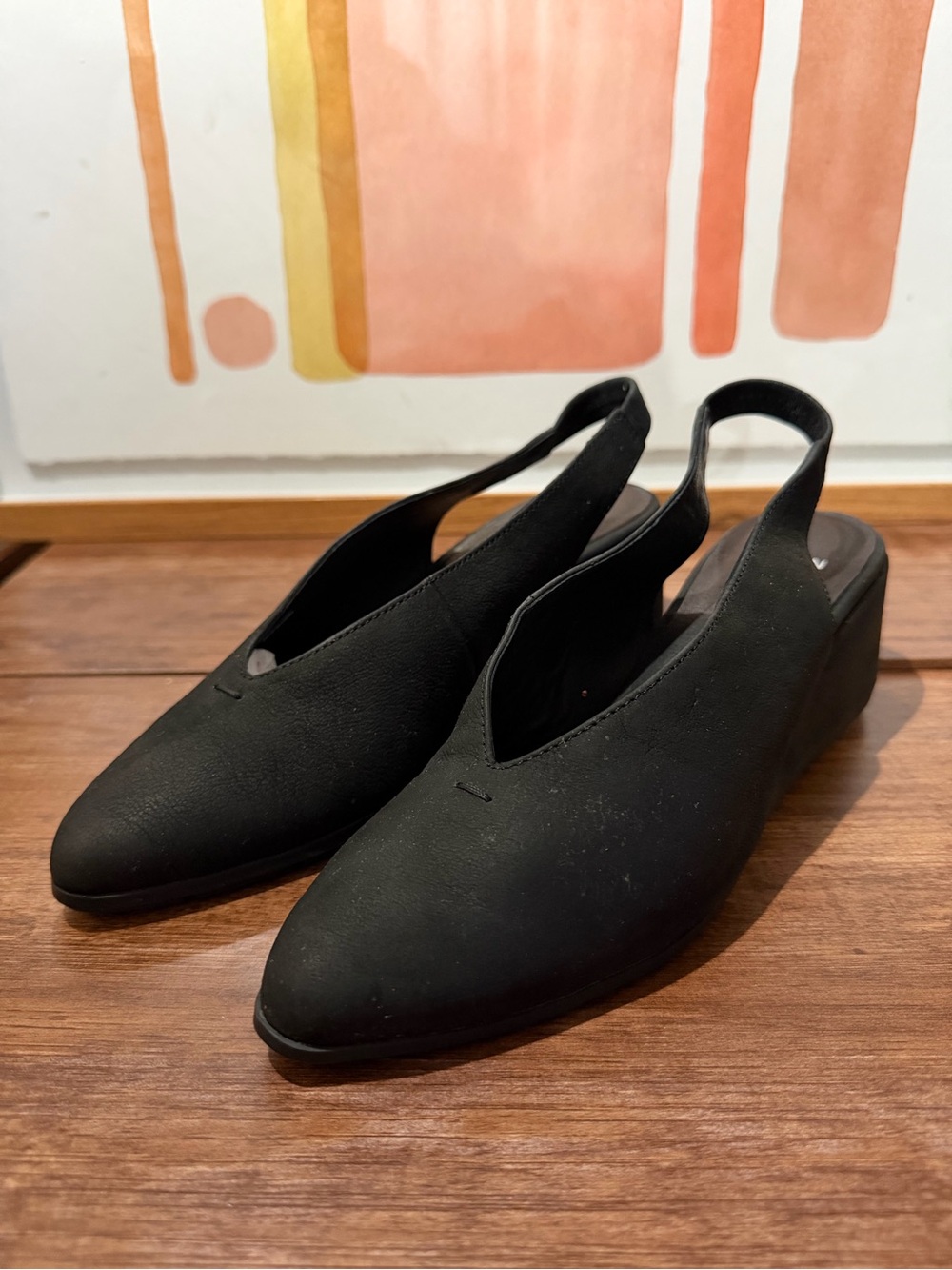 Eileen Fisher Black Nubuck Leather Slingback Wedge Pointed Toe V Cut Womens 6.5
